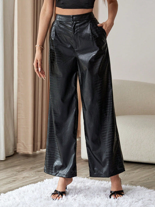 SHEIN Privé Pantalones de pierna ancha de talle alto cuero PU - Quierox - Tienda Online