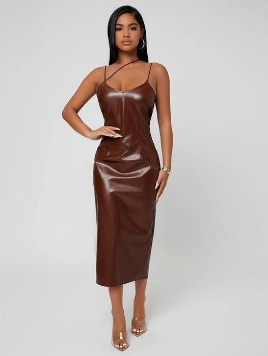 SHEIN SXY Vestido de tirantes con tira con diseño de espalda con abertura cuero PU - Quierox - Tienda Online