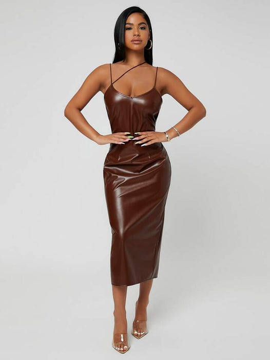 SHEIN SXY Vestido de tirantes con tira con diseño de espalda con abertura cuero PU - Quierox - Tienda Online