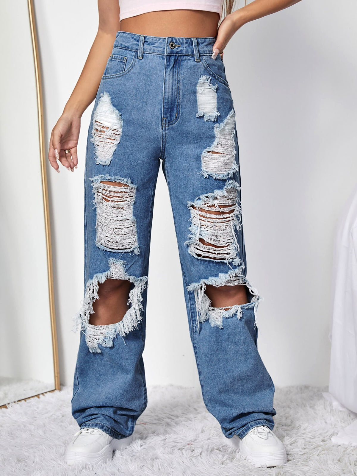 Jeans Rotos Vaqueros Boyfriend Rotos De Cintura Alta Baggy Jeans