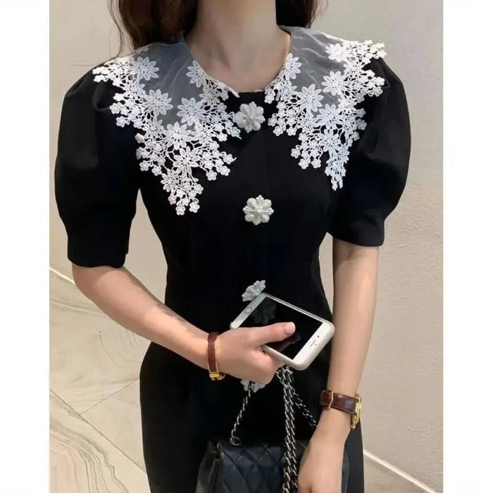 Vestido de encaje con cuello de solapa en contraste - Quierox - Tienda Online