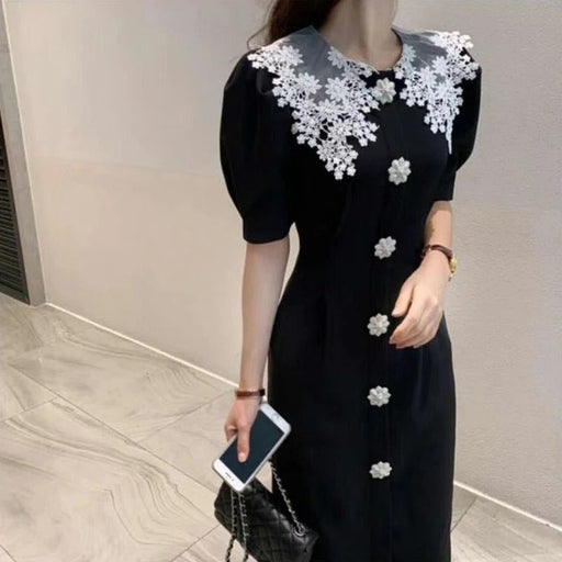 Vestido de encaje con cuello de solapa en contraste - Quierox - Tienda Online